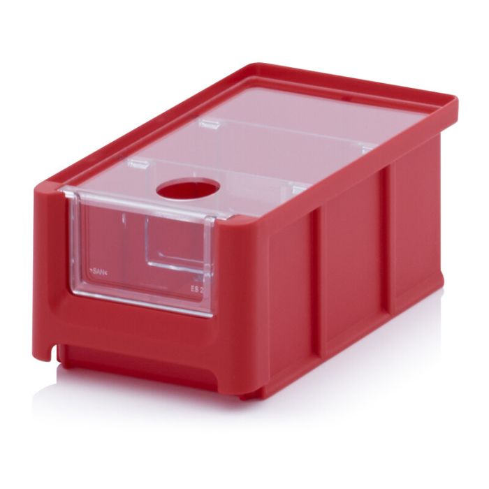 Magazijnbak 16X10,2X7,5cm, inhoud 0,77 liter met insteekvenster, deksel en 2 verdeelschotten, Rood, NORAH Plastics