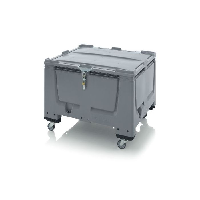 Verrijdbare palletbox met klapdeksel en slot, 120x100x93cm, 4 wielen, inhoud 670 liter, NORAH Plastics Verrijdbare palletbox met klapdeksel en slot, 120x100x93cm, 4 wielen, inhoud 670 liter, NORAH Plastics