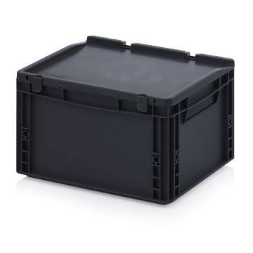ESD stapelbak met klapdeksel 40x30x23,5cm, inhoud 20 liter, PP, Zwart, NORAH Plastics
