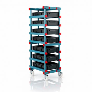 Krattenwagen, ECO LINE, 8x stapelkratten, 60x40x12,5cm, Zwart NORAH-Plastics