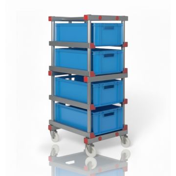 Kunststof bakkenwagen incl. 4 stapelbakken 60x40x22cm, blauw, NORAH Plastics