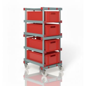 Regaalwagen incl. 4 stapelbakken 60x40x22cm, rood, NORAH Plastics