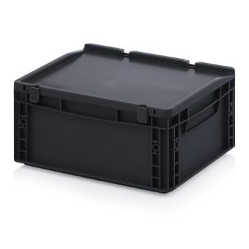 ESD stapelbak met klapdeksel 40x30x18,5cm, inhoud 15 liter, Zwart, NORAH Plastics