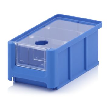 Magazijnbak 16X10,2X7,5cm, inhoud 0,77 liter met insteekvenster, deksel en 2 verdeelschotten, Blauw, NORAH Plastics