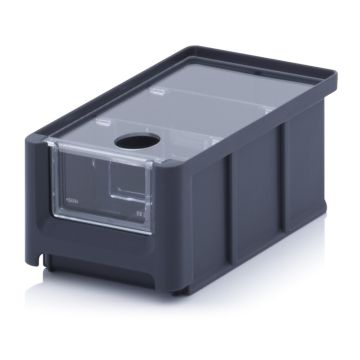 Magazijnbak 16X10,2X7,5cm, inhoud 0,77 liter met insteekvenster, deksel en 2 verdeelschotten, Zwart, NORAH Plastics