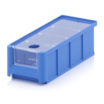Blauw, Magazijnbak 21,5X10X7,5cm, inhoud 1,08 liter met insteekvenster, deksel en 3 verdeelschotten, NORAH Plastics