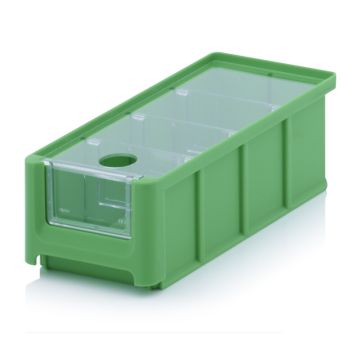 Magazijnbak 21,5X10X7,5cm, inhoud 1,08 liter met insteekvenster, deksel en 3 verdeelschotten, Groen, NORAH Plastics