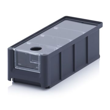 Magazijnbak 21,5X10X7,5cm, inhoud 1,08 liter met insteekvenster, deksel en 3 verdeelschotten, Zwart, NORAH Plastics