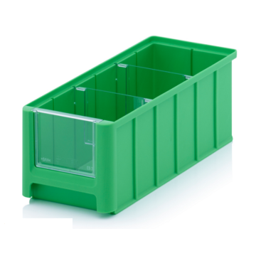 Magazijnbak 32,5x15x12,5cm, inhoud 4,5 liter met 2 dwarsverdeelschotten en insteekzichvenster