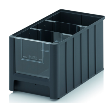 Magazijnbak 35x21x20cm, inhoud 11,7 liter met 2 dwarsverdeelschotten en insteekzichvenster