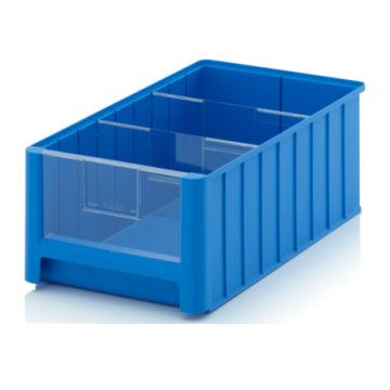Magazijnbak 50x31x20cm, inhoud 25 liter met 2 dwarsverdeelschotten en insteekzichvenster