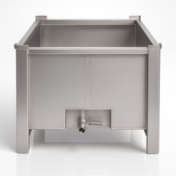 RVS palletbak met uitloop, inhoud 725 liter, 2 sleeplatten, NORAH INOX