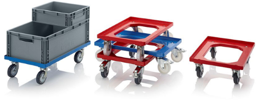 Kunststof dollies geschikt voor verplaatsen van alle stapelbare euronorm bakken.