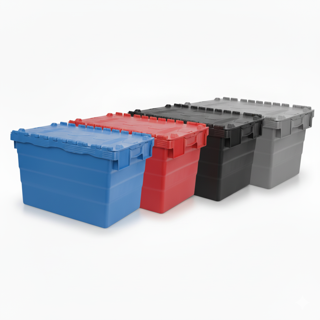 Distributiebakken met klapdeksels, Standaard in 4 kleuren leverbaar