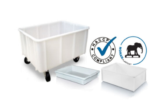 Kunststof bakken voor productie, verwerking en opslag van levensmiddelen of medicamenten.