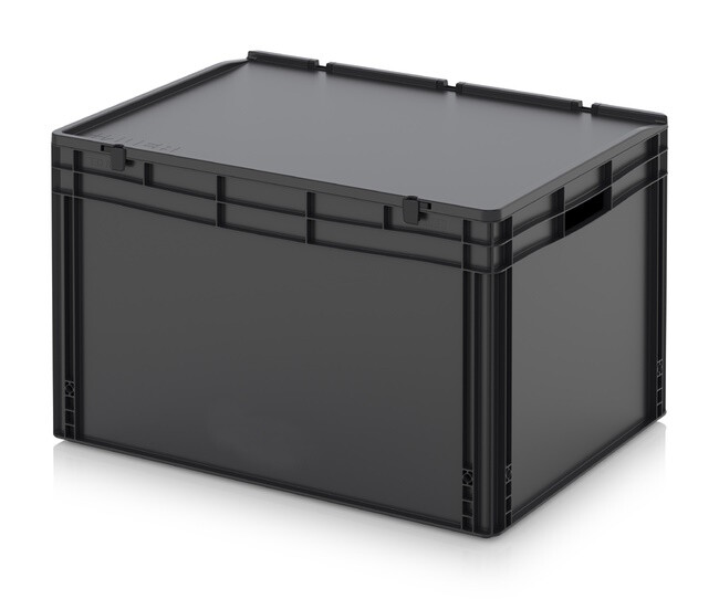 ESD stackable box-with-flap lid-open-handles-80x60x52cm-black-NORAH-Plastics